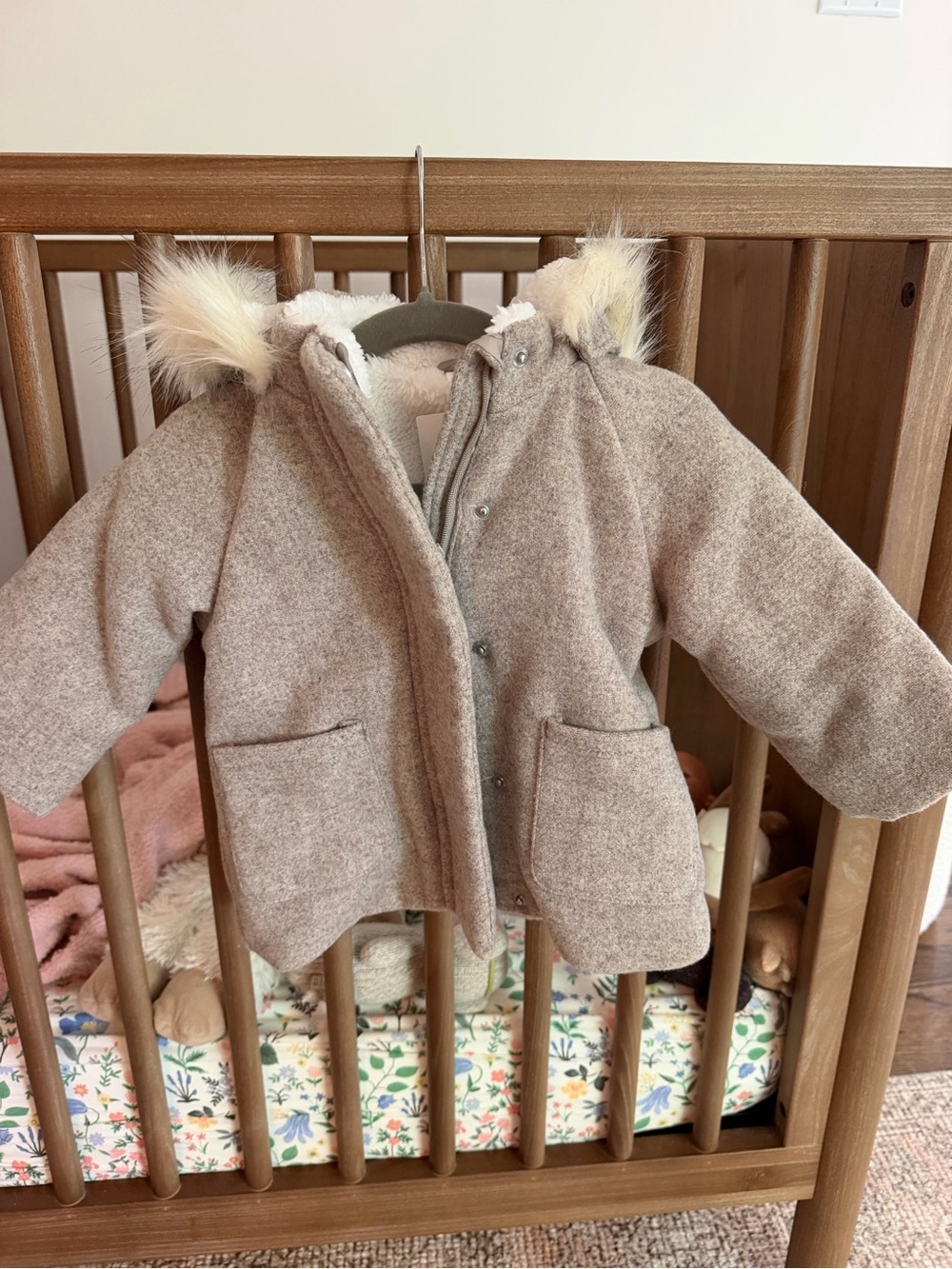 H&M Kids Taupe Hooded Pea Coat with Faux Fur Trim